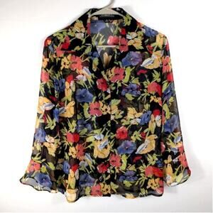Elementz Sheer Floral Blouse S Button Women Black Multicolor Lightweight Top